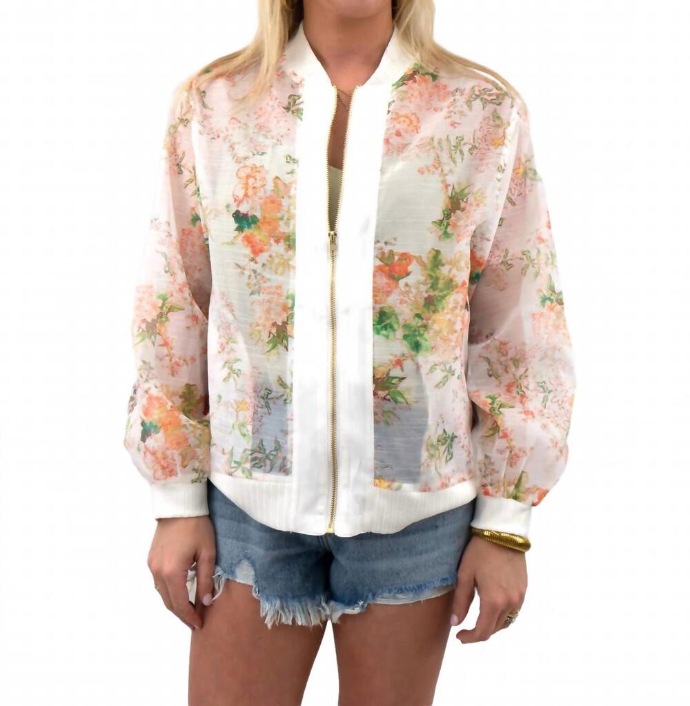 NEW FATE floral sheer bomber jacket in white